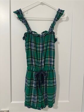 Aerie Green Plaid Sleepwear Flannel Romper Ruffle Straps Size Small Women’s